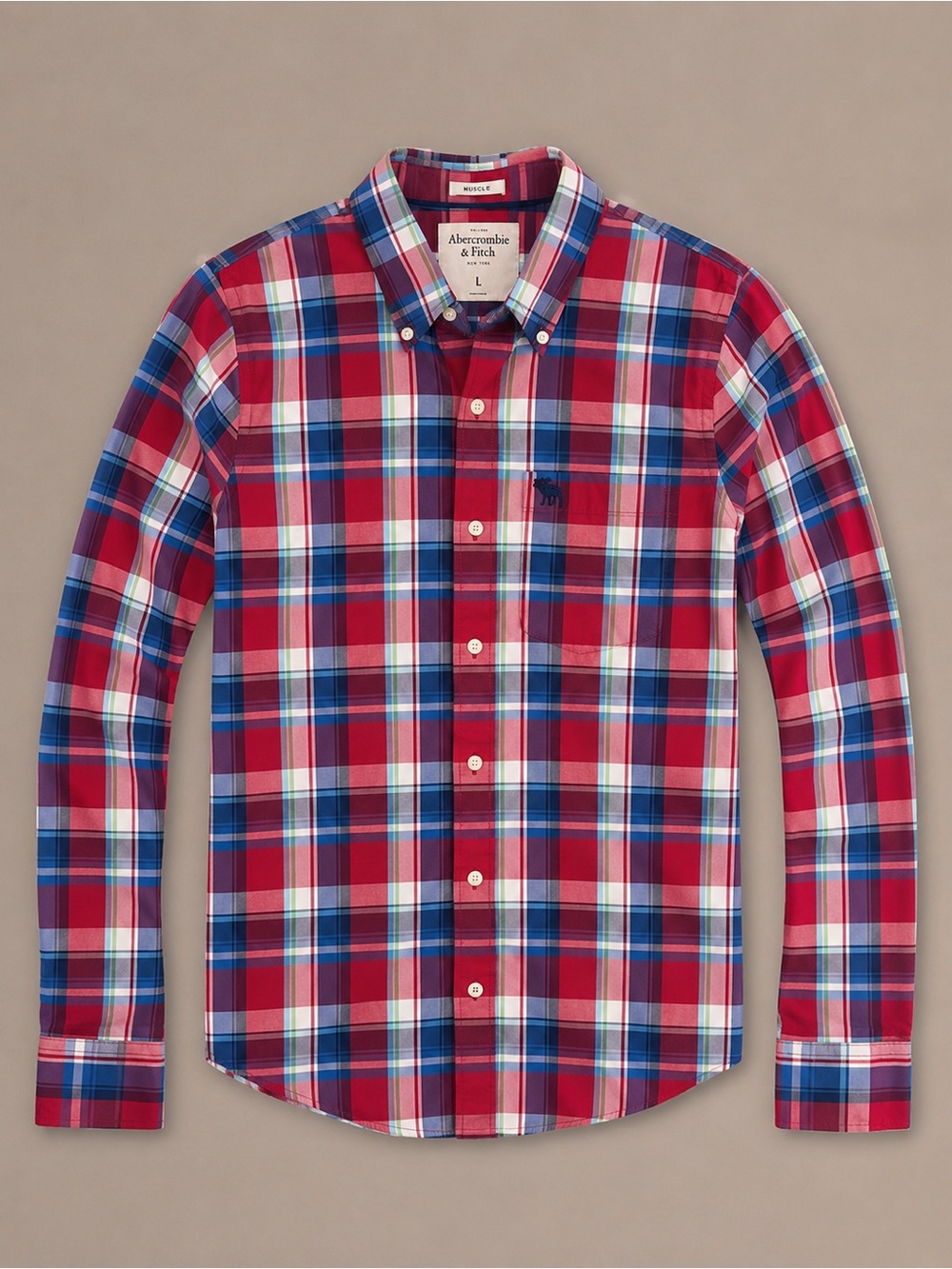 Abercrombie & Fitch Men’s Large Muscle Fit Plaid Button Down Shirt Red Blue